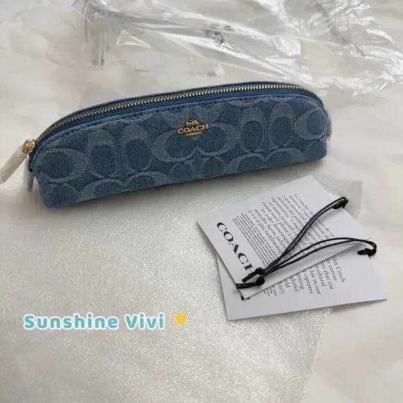 NWT Coach Pencil Case In Signature Denim CDC10 Gold/Indigo